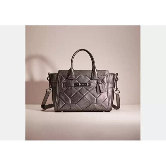 Coach Swagger 27 Patchwork‎ Gunmetal Metallic Leather Carryall Purse 34547 $550 - Picture 1 of 16